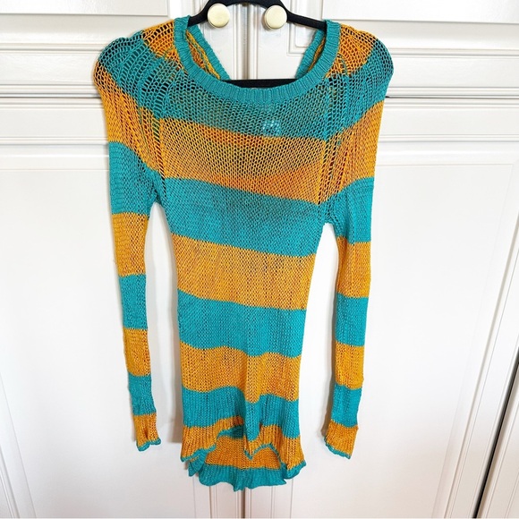 NSF Womens Open Knit Long Striped Turquoise Orange Pullover Sweater Soft Viscose - Picture 1 of 10